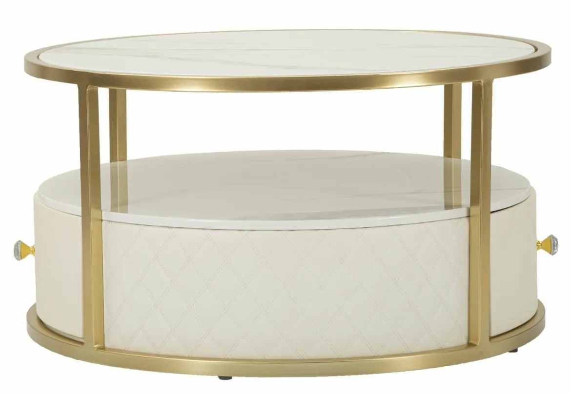 Tavolino da salotto rotondo bianco e oro 75x75x40h cm con 1 cassetto - Stabia
