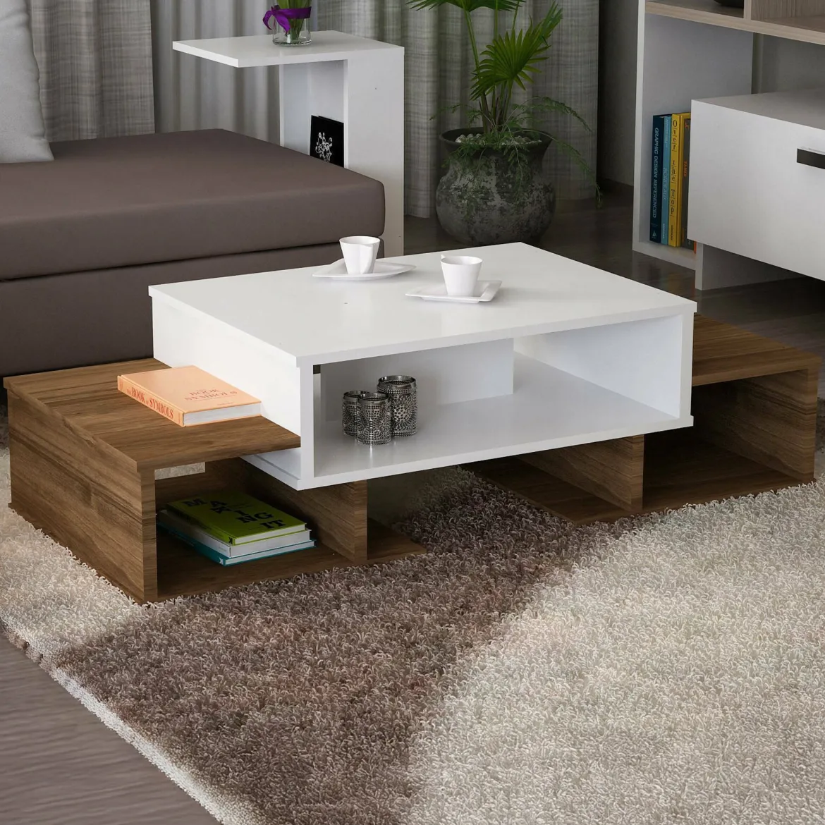 Tavolino salotto complesso bianco e noce 103x60x39h cm - Montella