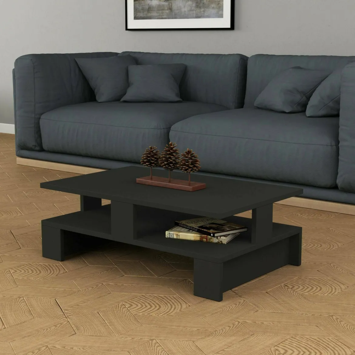 Tavolino salotto rettangolare antracite e argento 90x60x40h cm - Vespero