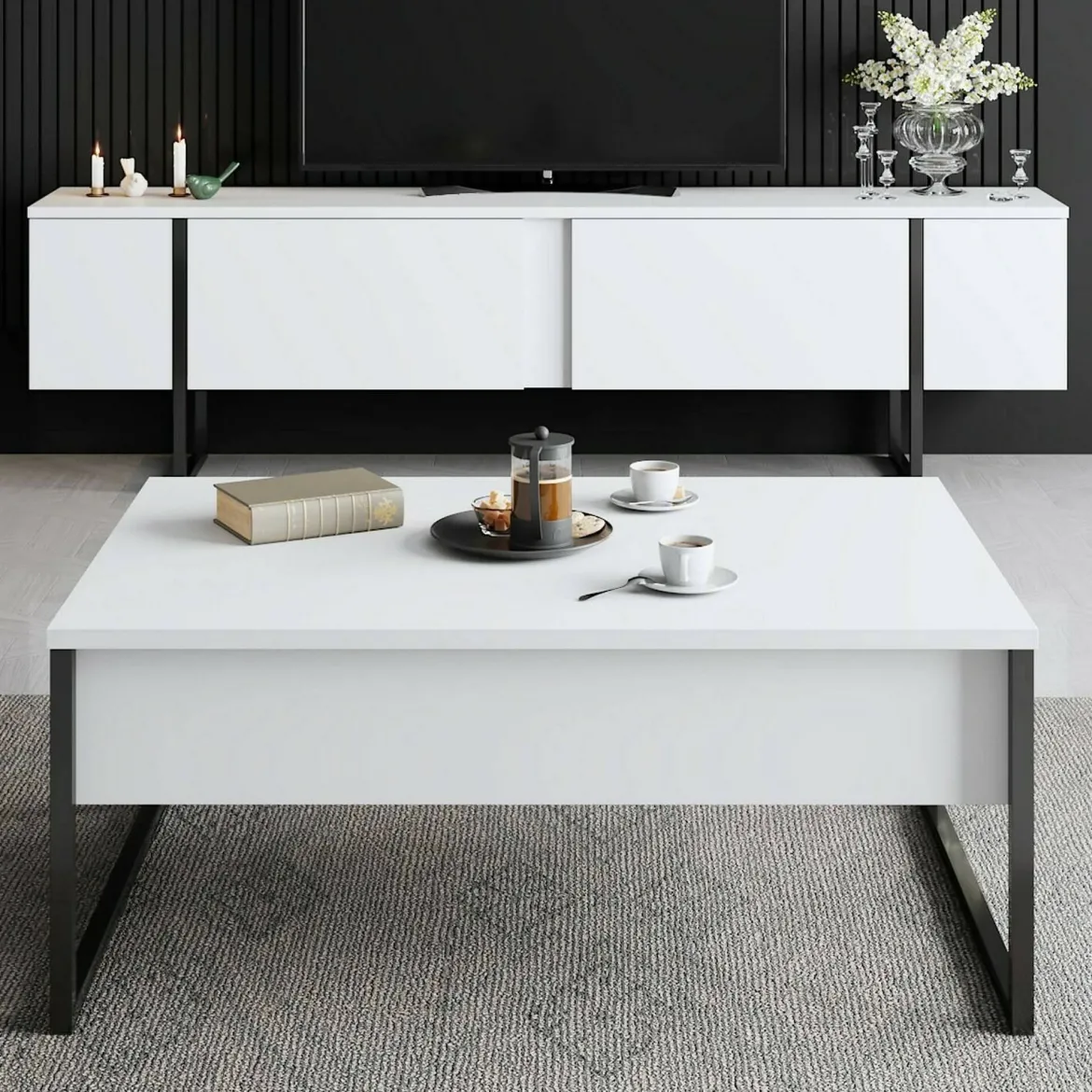 Tavolino salotto rettangolare bianco e nero 90x60x40h cm - Lavinia