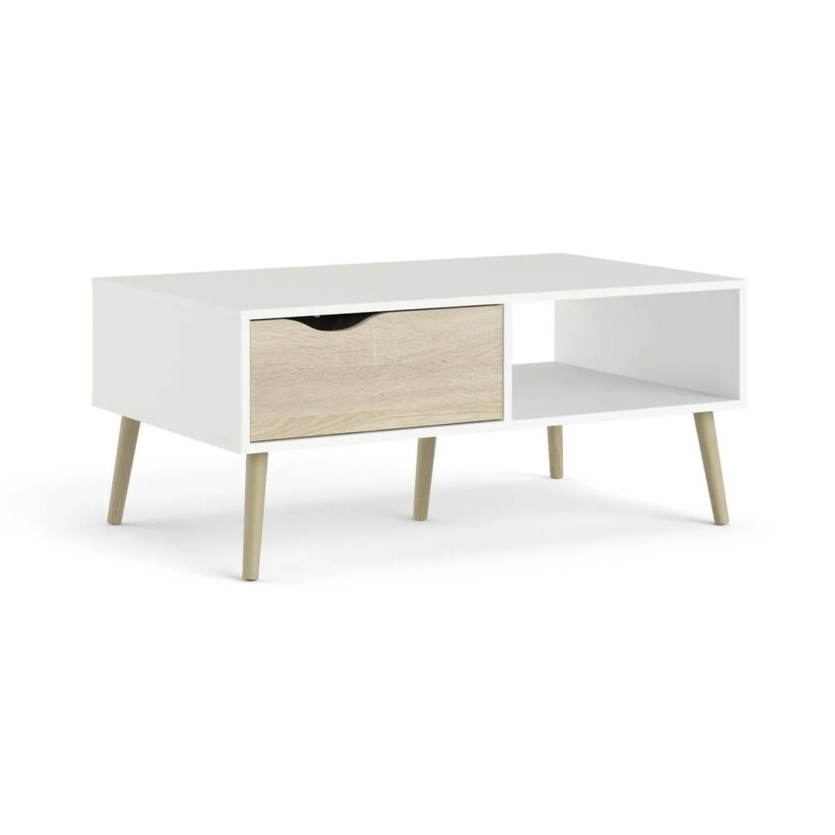 Tavolino salotto rettangolare bianco e quercia 98x60x43h cm con 1 cassetto - Sfene