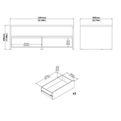 Tavolino salotto rettangolare rovere e bianco lucido 120x60x45h cm con 2 cassetti - Shote