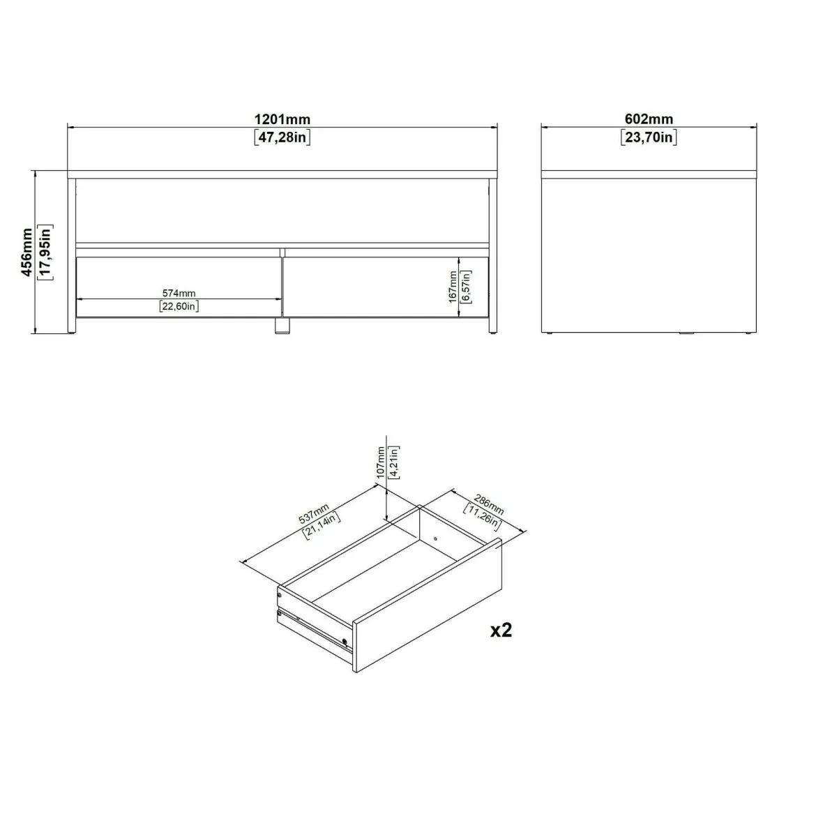 Tavolino salotto rettangolare rovere e bianco lucido 120x60x45h cm con 2 cassetti - Shote