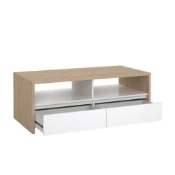 Tavolino salotto rettangolare rovere e bianco lucido 120x60x45h cm con 2 cassetti - Shote