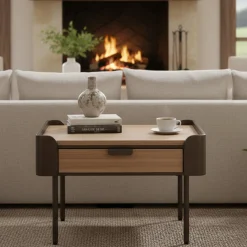 Tavolino soggiorno quadrato grigio e marrone 60x60x41h cm con 2 cassetti - Icona