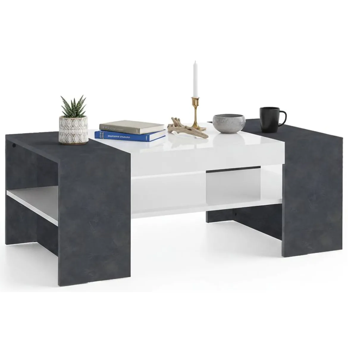 Tavolino soggiorno rettangolare bianco lucido e ardesia 110x60x40h cm - Ashar