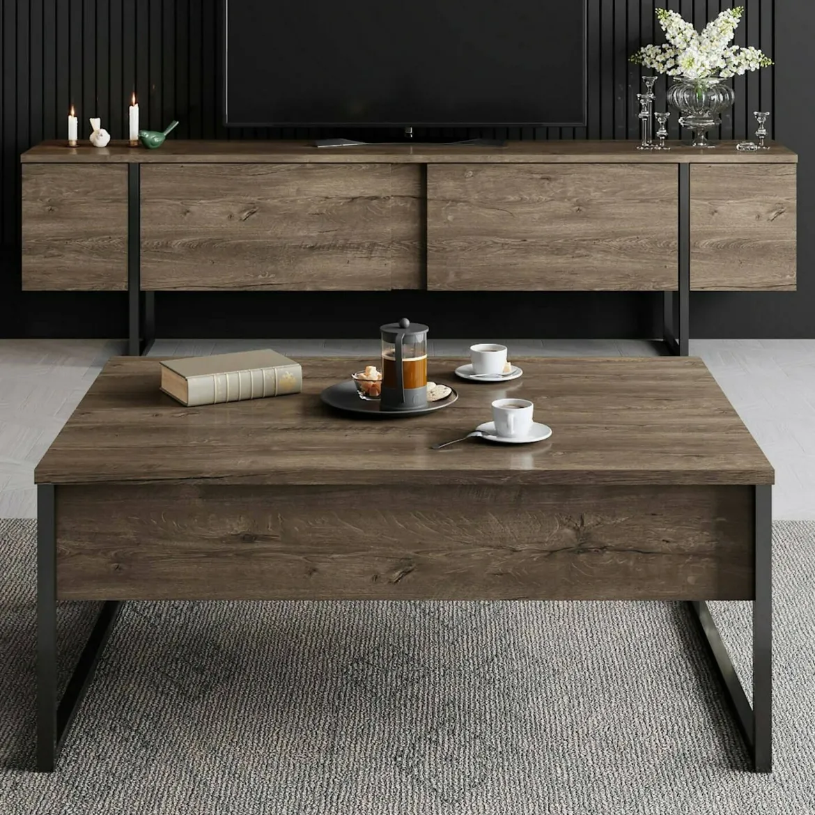 Tavolino soggiorno rettangolare noce e nero 90x60x40h cm - Lavinia