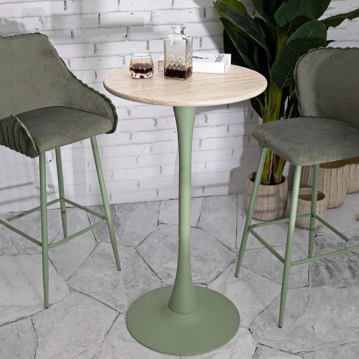Tavolo Fisso Bianco Crema Verde 2 Posti Forma Rotondo 60x60x106h cm, Sfumatura Colore Struttura Crema - Leh
