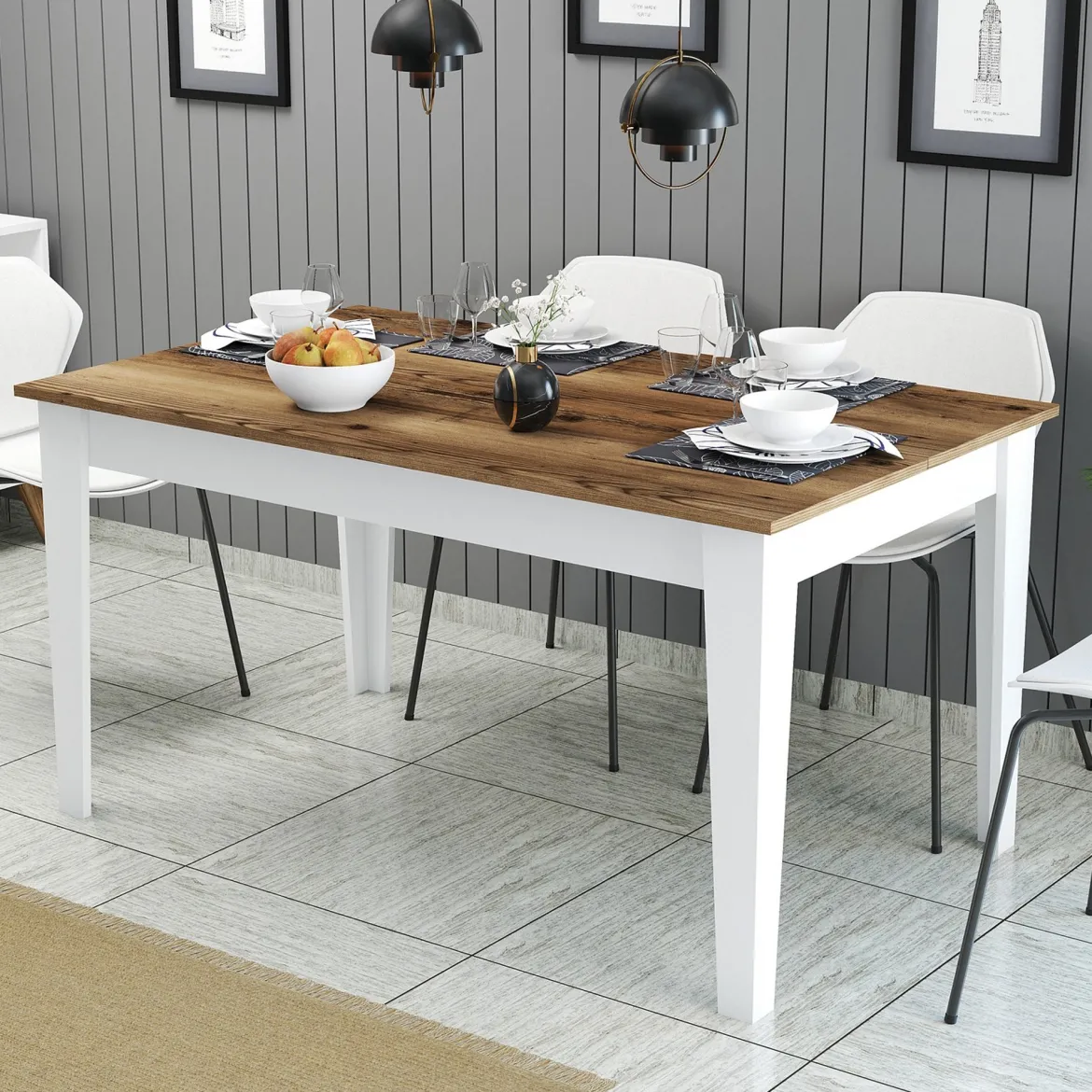 Tavolo Fisso Bianco Marrone Noce 6 Posti Forma Rettangolare 145x88x75h cm, Peso Supportato 120 kg - Sicura