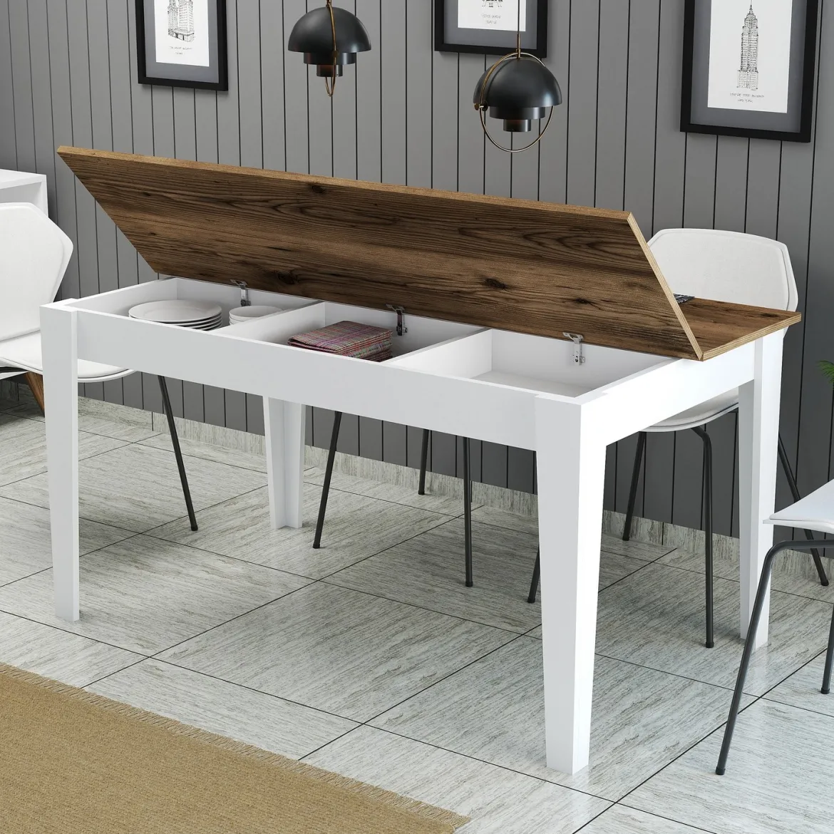 Tavolo Fisso Bianco Marrone Noce 6 Posti Forma Rettangolare 145x88x75h cm, Peso Supportato 120 kg - Sicura