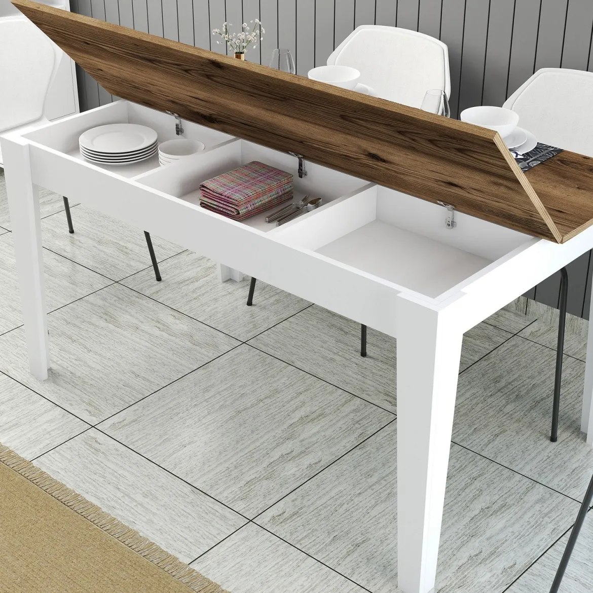 Tavolo Fisso Bianco Marrone Noce 6 Posti Forma Rettangolare 145x88x75h cm, Peso Supportato 120 kg - Sicura