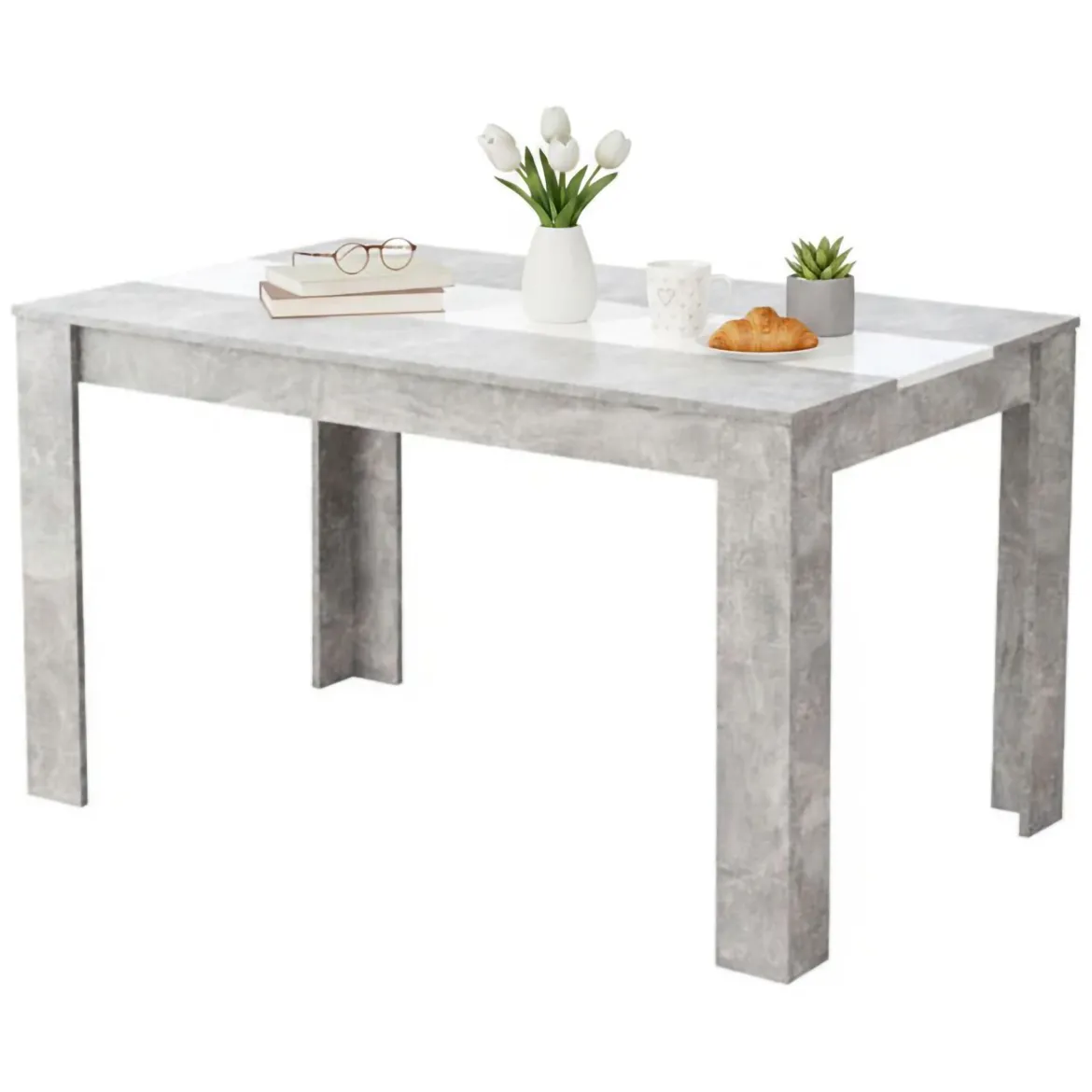 Tavolo Fisso Grigio Cemento Bianco 6 Posti Forma Rettangolare 135x80.5x74.5h cm, Colore Struttura Bianco - Simala