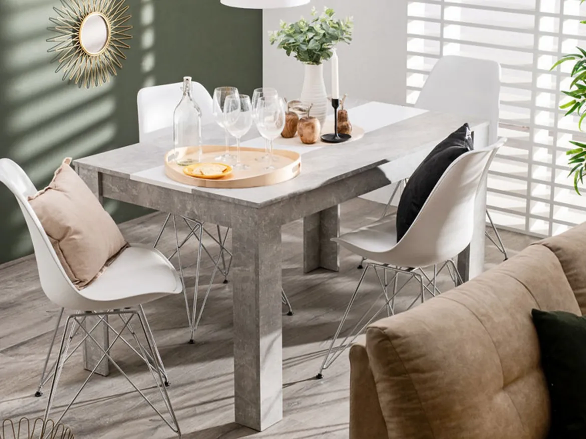 Tavolo Fisso Grigio Cemento Bianco 6 Posti Forma Rettangolare 135x80.5x74.5h cm, Colore Struttura Bianco - Simala