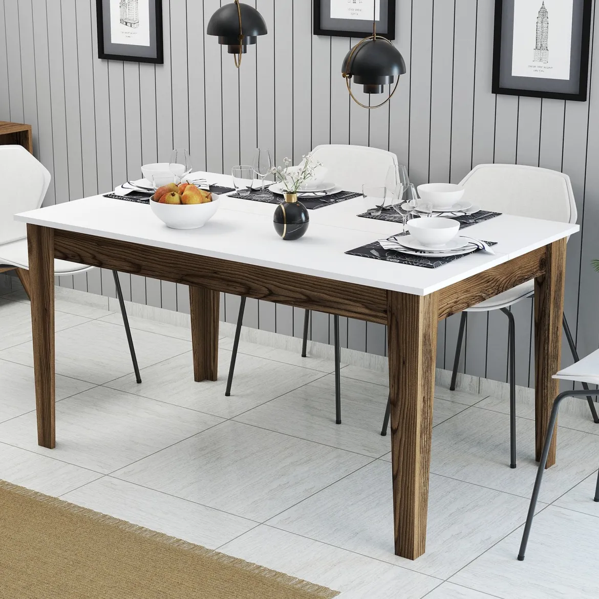 Tavolo Fisso Marrone Noce Bianco 6 Posti Forma Rettangolare 145x88x75h cm, Peso Supportato 120 kg - Viverone