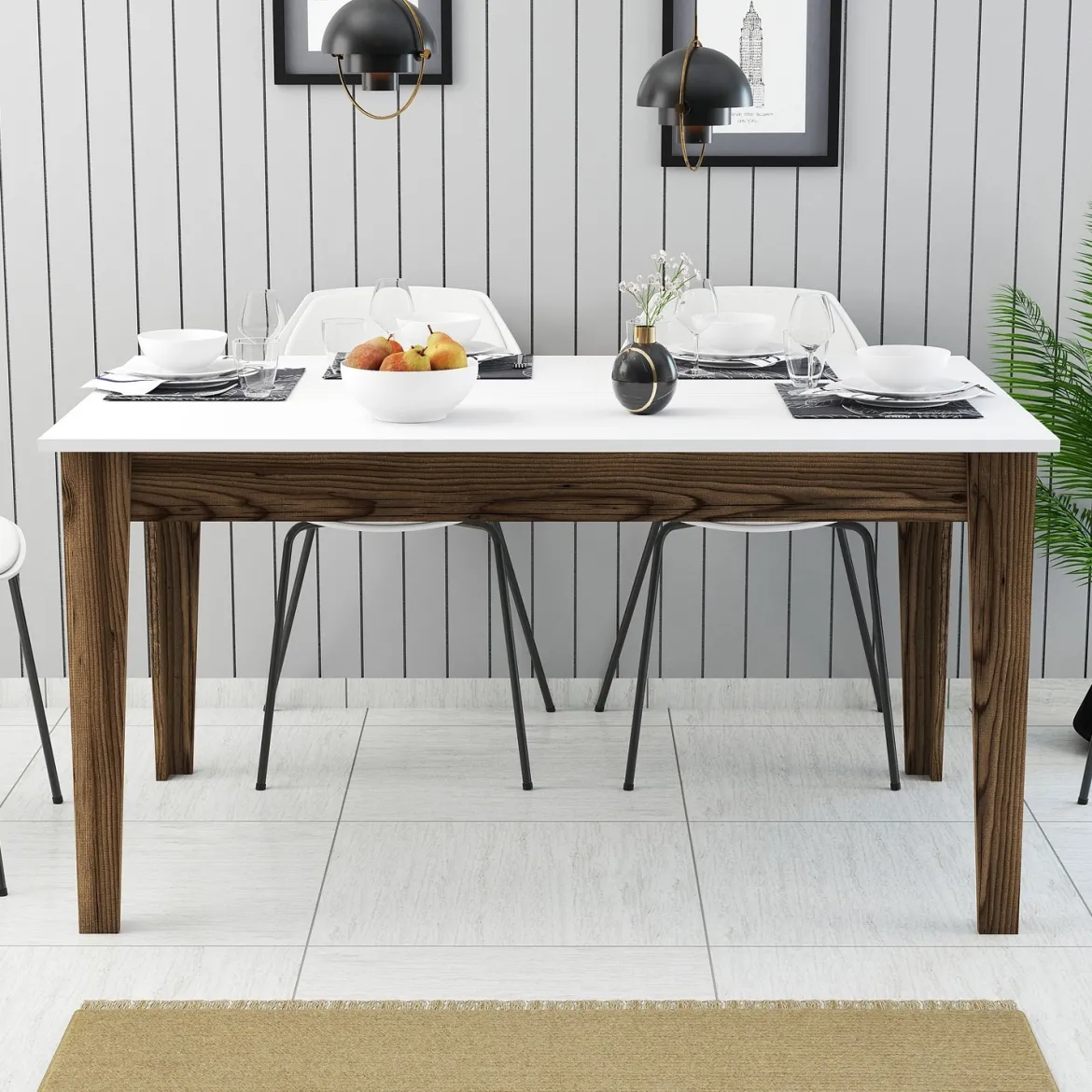 Tavolo Fisso Marrone Noce Bianco 6 Posti Forma Rettangolare 145x88x75h cm, Peso Supportato 120 kg - Viverone