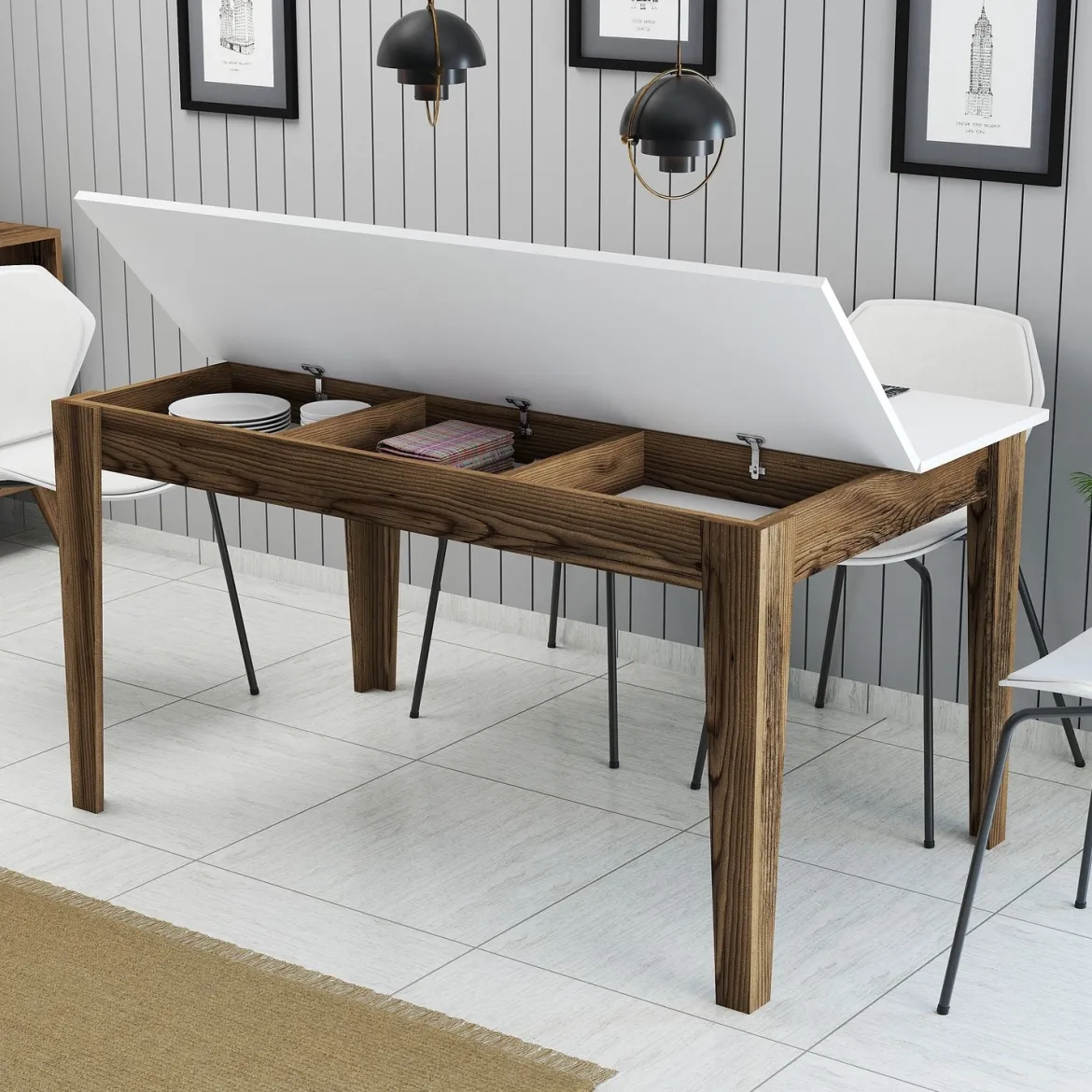 Tavolo Fisso Marrone Noce Bianco 6 Posti Forma Rettangolare 145x88x75h cm, Peso Supportato 120 kg - Viverone