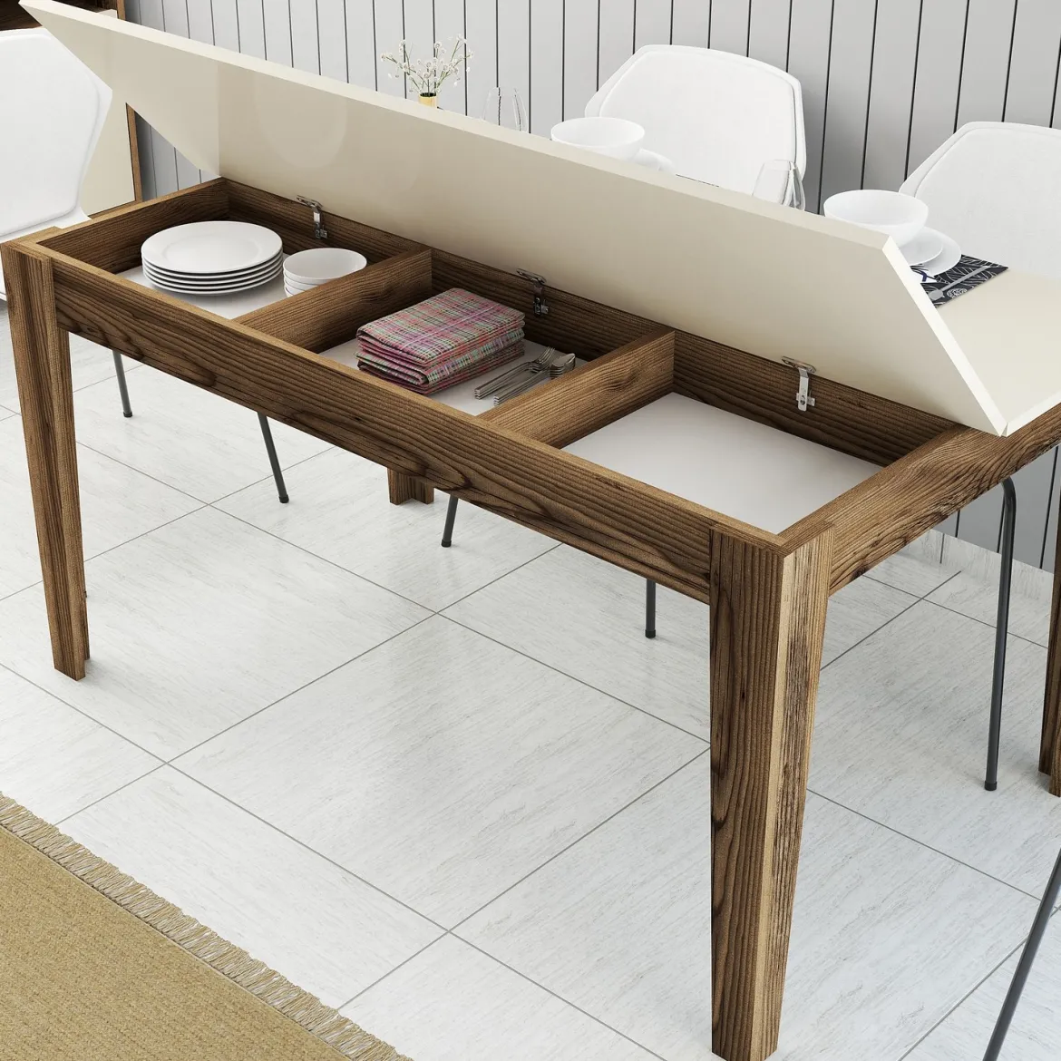 Tavolo Fisso Marrone Noce Bianco Crema 6 Posti Forma Rettangolare 145x88x75h cm, Peso Supportato 120 kg - Viverone