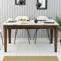 Tavolo Fisso Marrone Noce Bianco Marmo 6 Posti Forma Rettangolare 145x88x75h cm, Peso Supportato 120 kg - Viverone