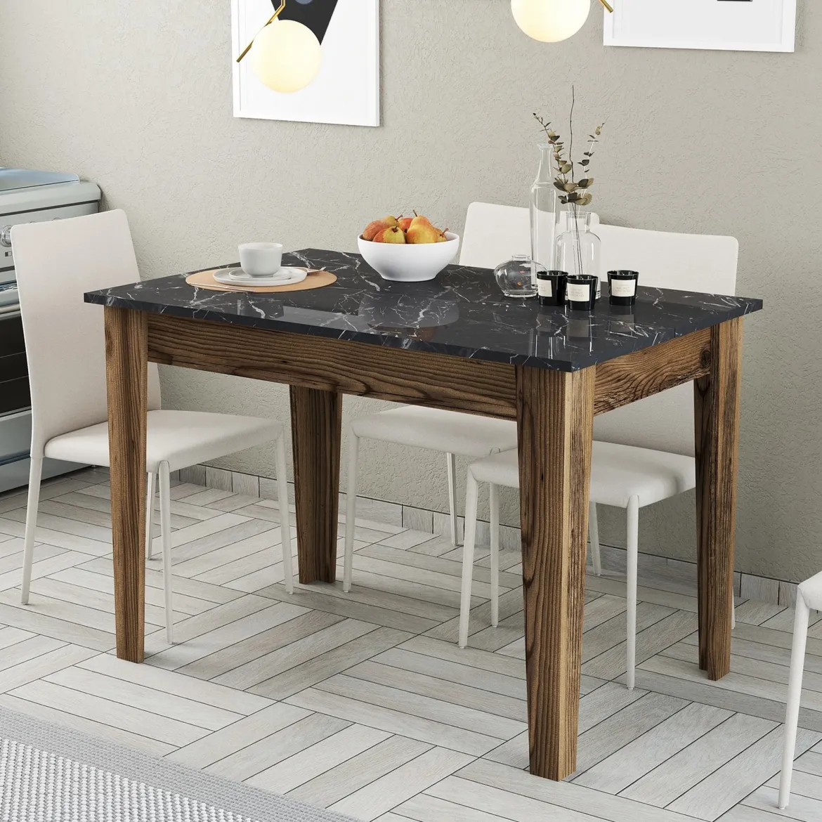 Tavolo Fisso Marrone Noce Nero Marmo 6 Posti Forma Rettangolare 145x88x75h cm, Peso Supportato 120 kg - Viverone