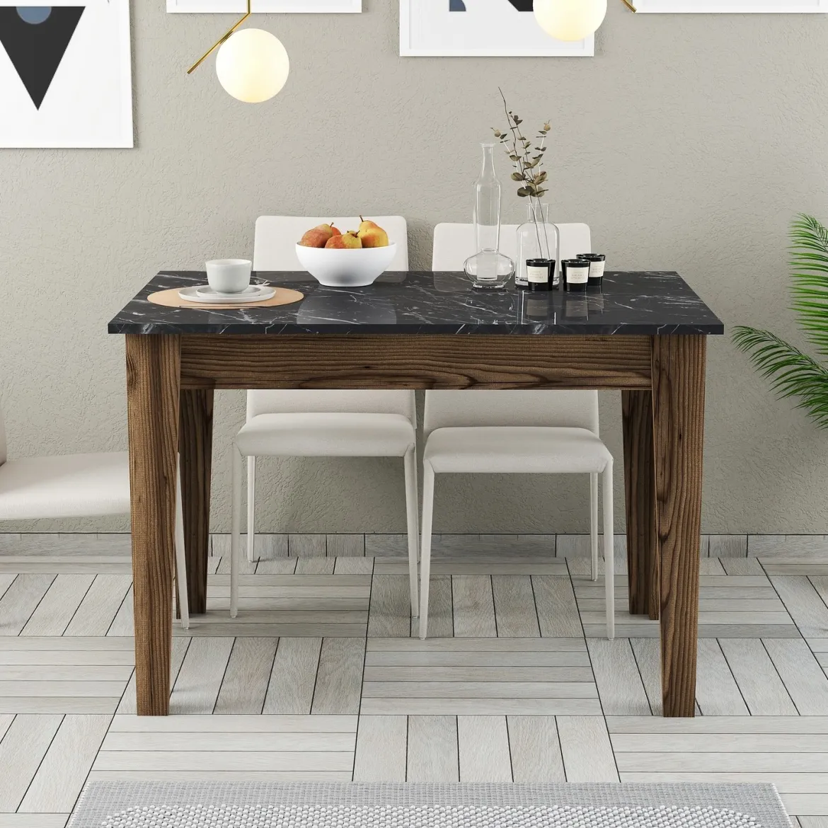 Tavolo Fisso Marrone Noce Nero Marmo 6 Posti Forma Rettangolare 145x88x75h cm, Peso Supportato 120 kg - Viverone