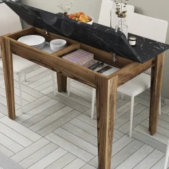 Tavolo Fisso Marrone Noce Nero Marmo 6 Posti Forma Rettangolare 145x88x75h cm, Peso Supportato 120 kg - Viverone
