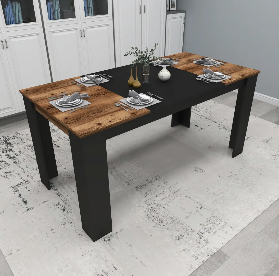 Tavolo Fisso Nero Marrone Rovere Nodi 6 Posti Forma Rettangolare 160x80x77h cm, Peso Supportato 120 kg - Veleso