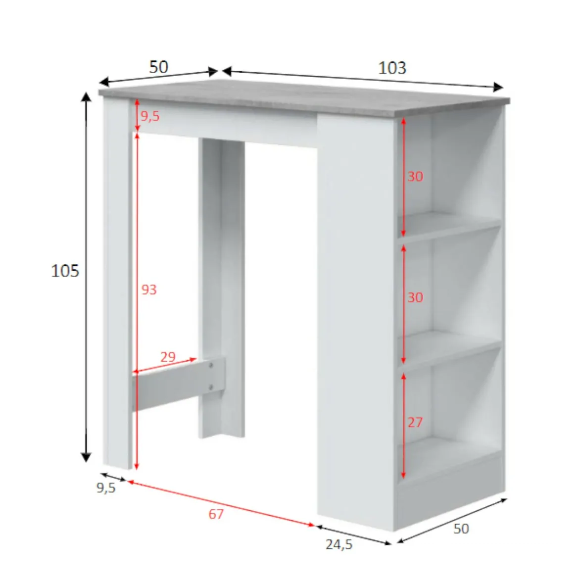 Tavolo rettangolare con scaffale 6 posti bianco e cemento 130x50cm - Andreoli