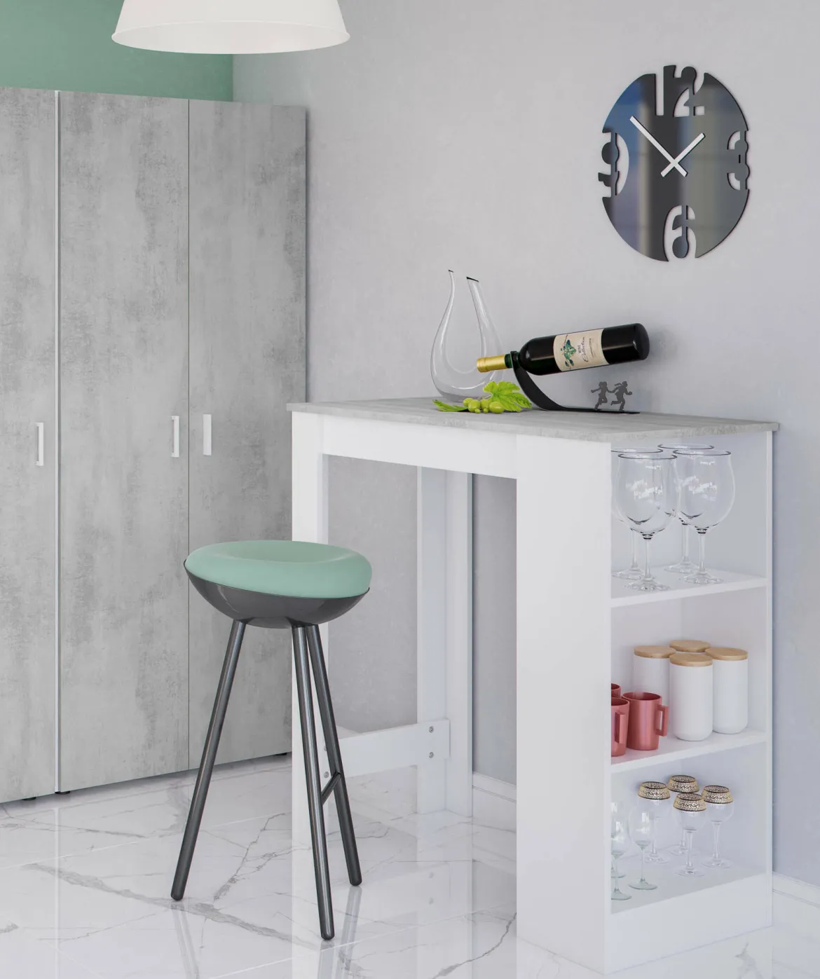 Tavolo rettangolare con scaffale 6 posti bianco e cemento 130x50cm - Andreoli
