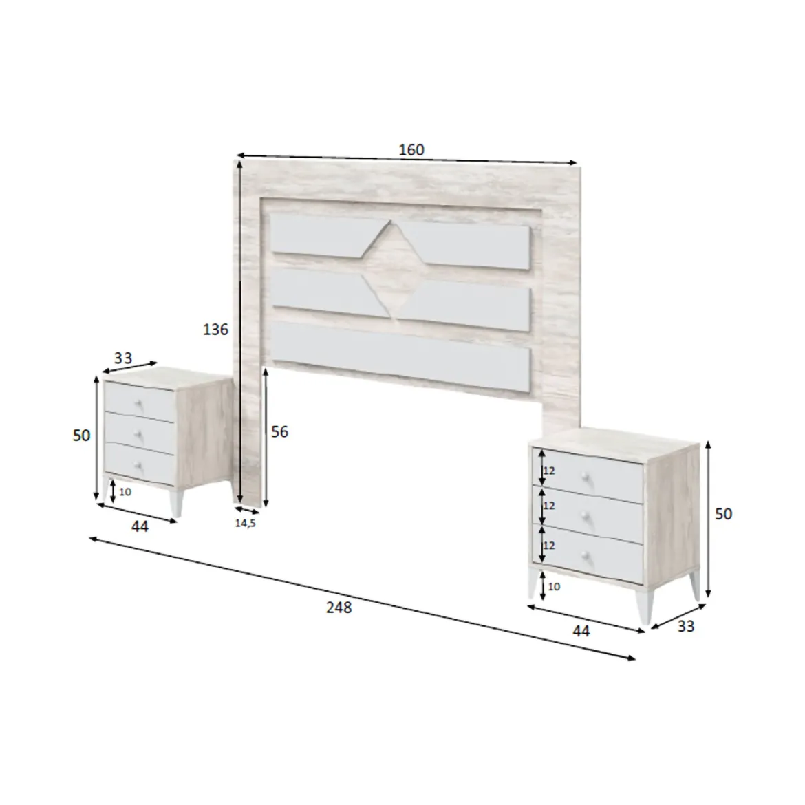 Testiera Letto Bianco Bianco Anticato 248x33 cm, Colore Struttura Bianco - Manduria