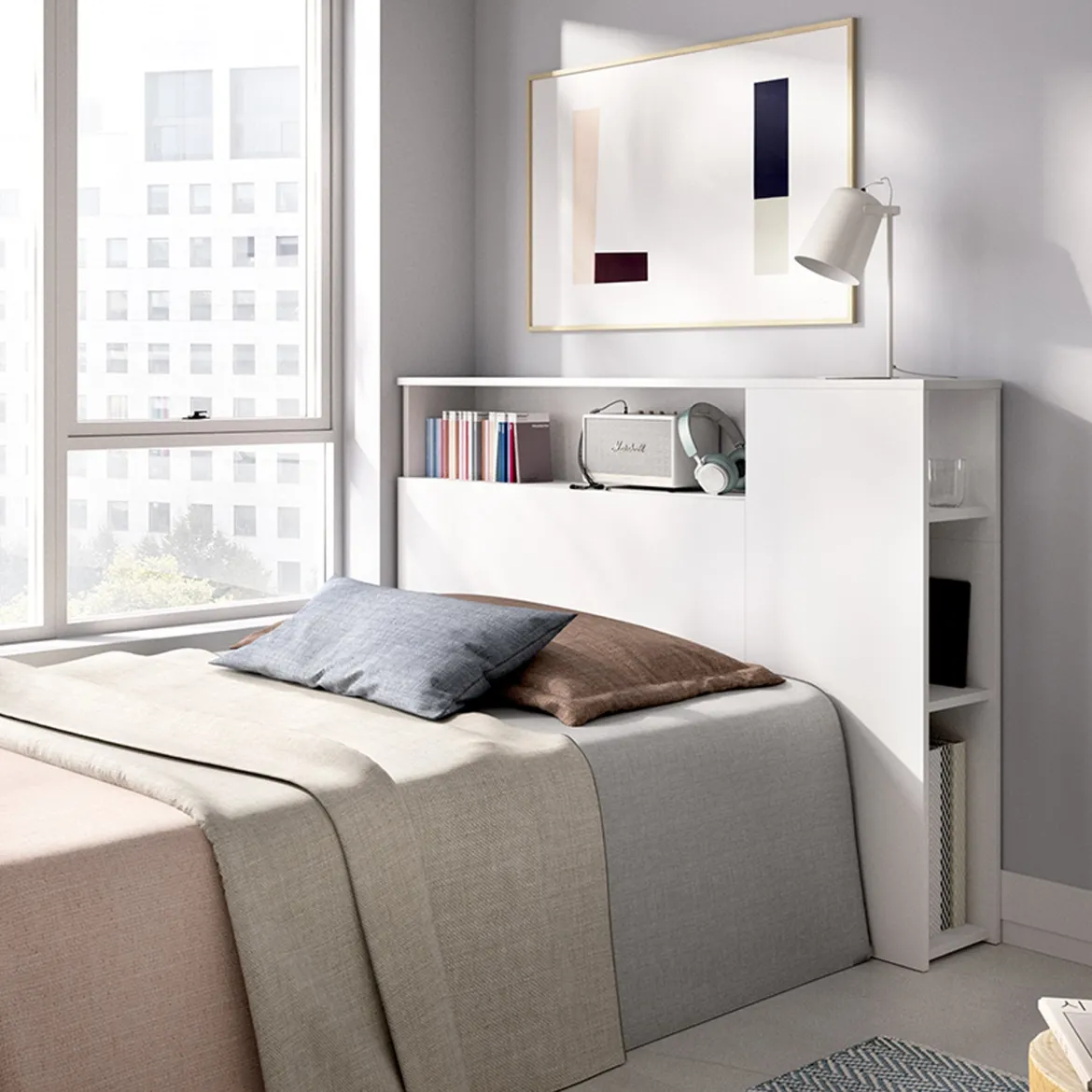 Testiera Letto Bianco con Vani Libreria Singolo 23x127 cm - Lander