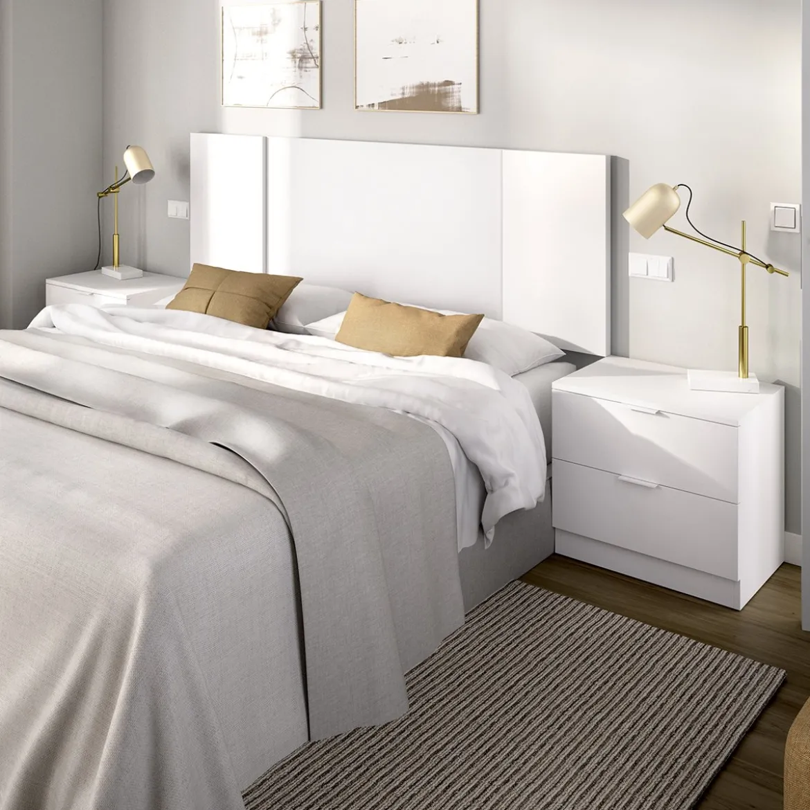 Testiera Letto Bianco Marrone Rovere 2 Comodini Inclusi Piazza e Mezza 34x237 cm, Colore Struttura Marrone - Carson