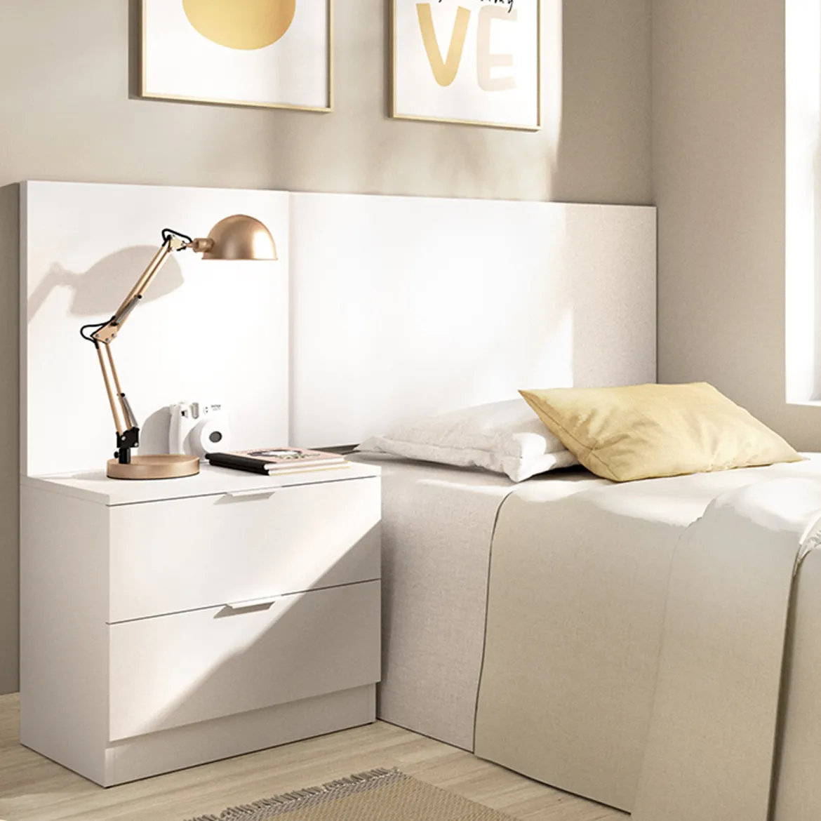 Testiera Letto Bianco Marrone Rovere Comodino Incluso Singolo 34x141 cm, Colore Struttura Marrone - Lead