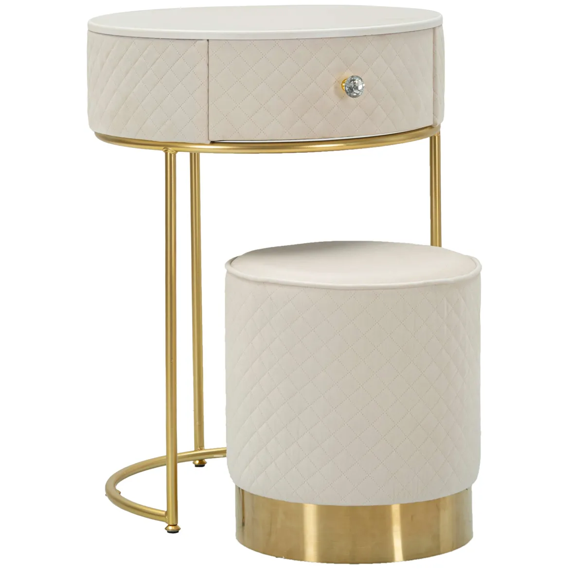 Toeletta Bianco Crema oro un Cassetto Rivestimento in Velluto Trapuntato 52x52x70h cm, Sfumatura Colore Struttura Crema - Mbale