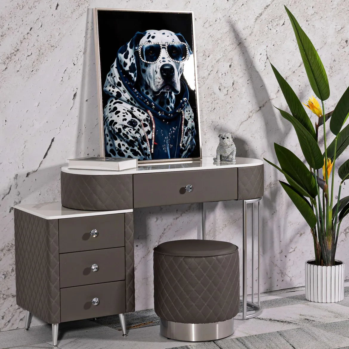 Toeletta Bianco Marmo Grigio Tortora 4 Cassetti Finitura Simil Pelle Trapuntata con Dettagli oro, top Effetto Marmo 120x40x75h cm, - Tafrao