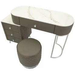 Toeletta Bianco Marmo Grigio Tortora 4 Cassetti Finitura Simil Pelle Trapuntata con Dettagli oro, top Effetto Marmo 120x40x75h cm, - Tafrao