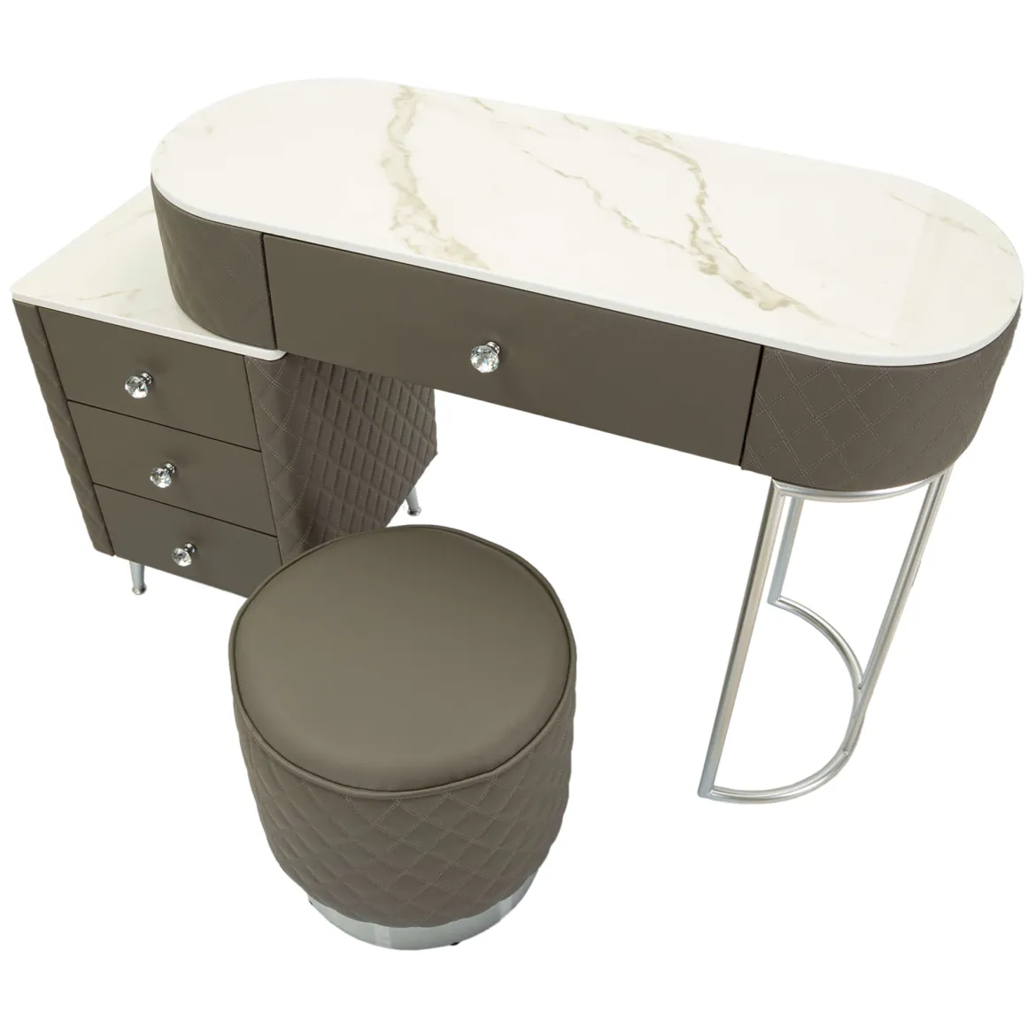 Toeletta Bianco Marmo Grigio Tortora 4 Cassetti Finitura Simil Pelle Trapuntata con Dettagli oro, top Effetto Marmo 120x40x75h cm, - Tafrao