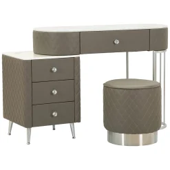 Toeletta Bianco Marmo Grigio Tortora 4 Cassetti Finitura Simil Pelle Trapuntata con Dettagli oro, top Effetto Marmo 120x40x75h cm, - Tafrao