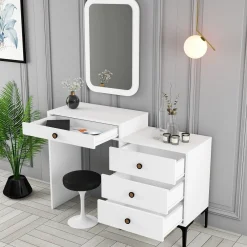 Toeletta Bianco Marrone Noce Specchio Incluso 4 Cassetti 124x40x85h cm, con Piedini - Meltina