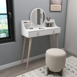 Toeletta Bianco Marrone Rovere Specchio Incluso 2 Cassetti 90x35x131h cm, Colore Struttura Marrone - Isernia