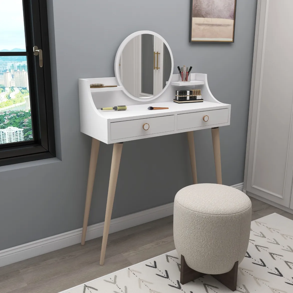 Toeletta Bianco Marrone Rovere Specchio Incluso 2 Cassetti 90x35x131h cm, Colore Struttura Marrone - Isernia