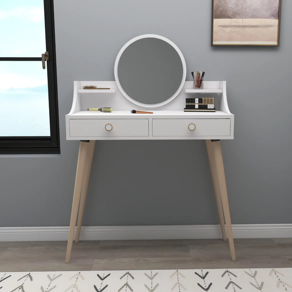 Toeletta Bianco Marrone Rovere Specchio Incluso 2 Cassetti 90x35x131h cm, Colore Struttura Marrone - Isernia