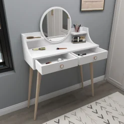 Toeletta Bianco Marrone Rovere Specchio Incluso 2 Cassetti 90x35x131h cm, Colore Struttura Marrone - Isernia