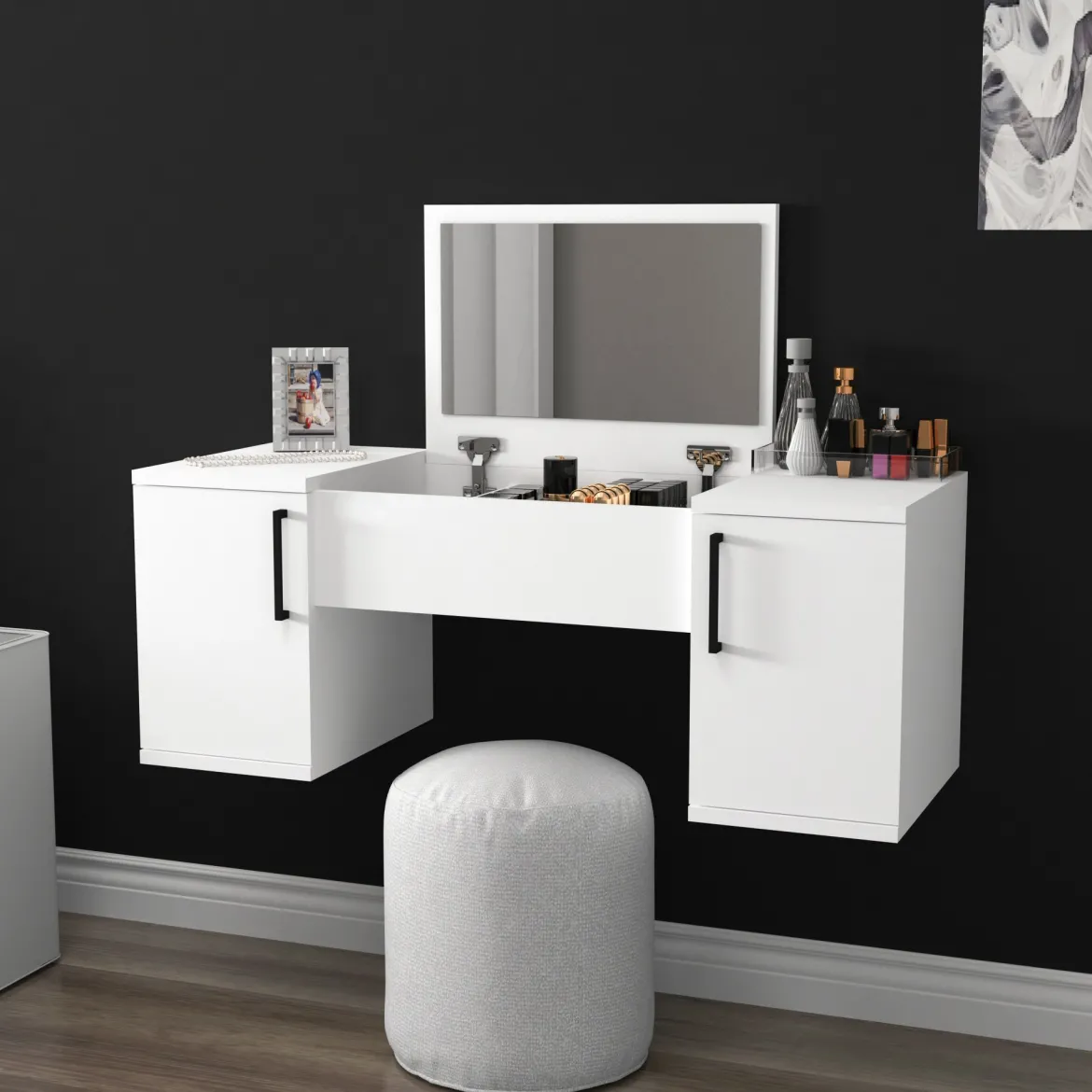 Toeletta Bianco Nero Specchio Incluso 3 Ante 100x35x74h cm, Colore Struttura Nero - Cicerale