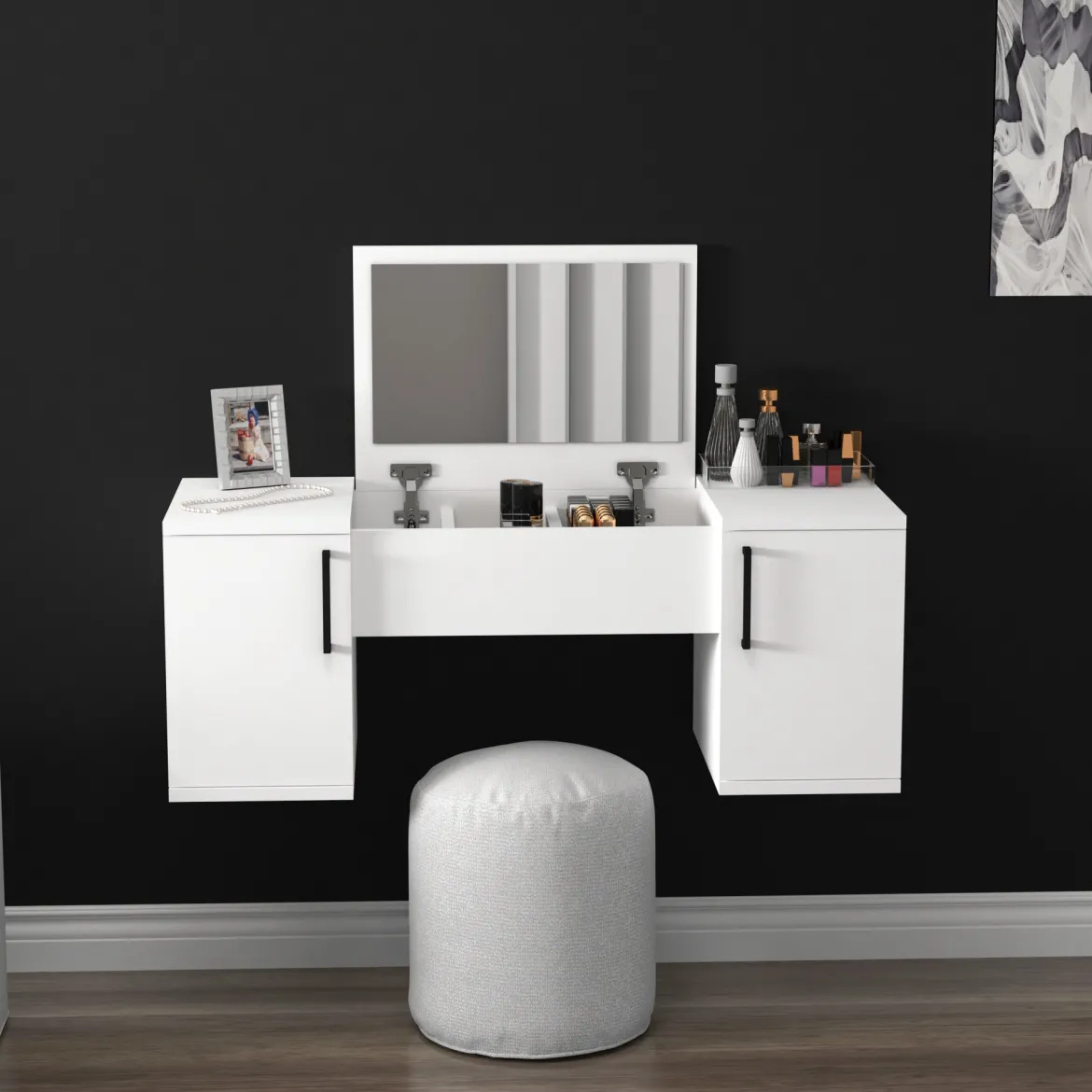 Toeletta Bianco Nero Specchio Incluso 3 Ante 100x35x74h cm, Colore Struttura Nero - Cicerale