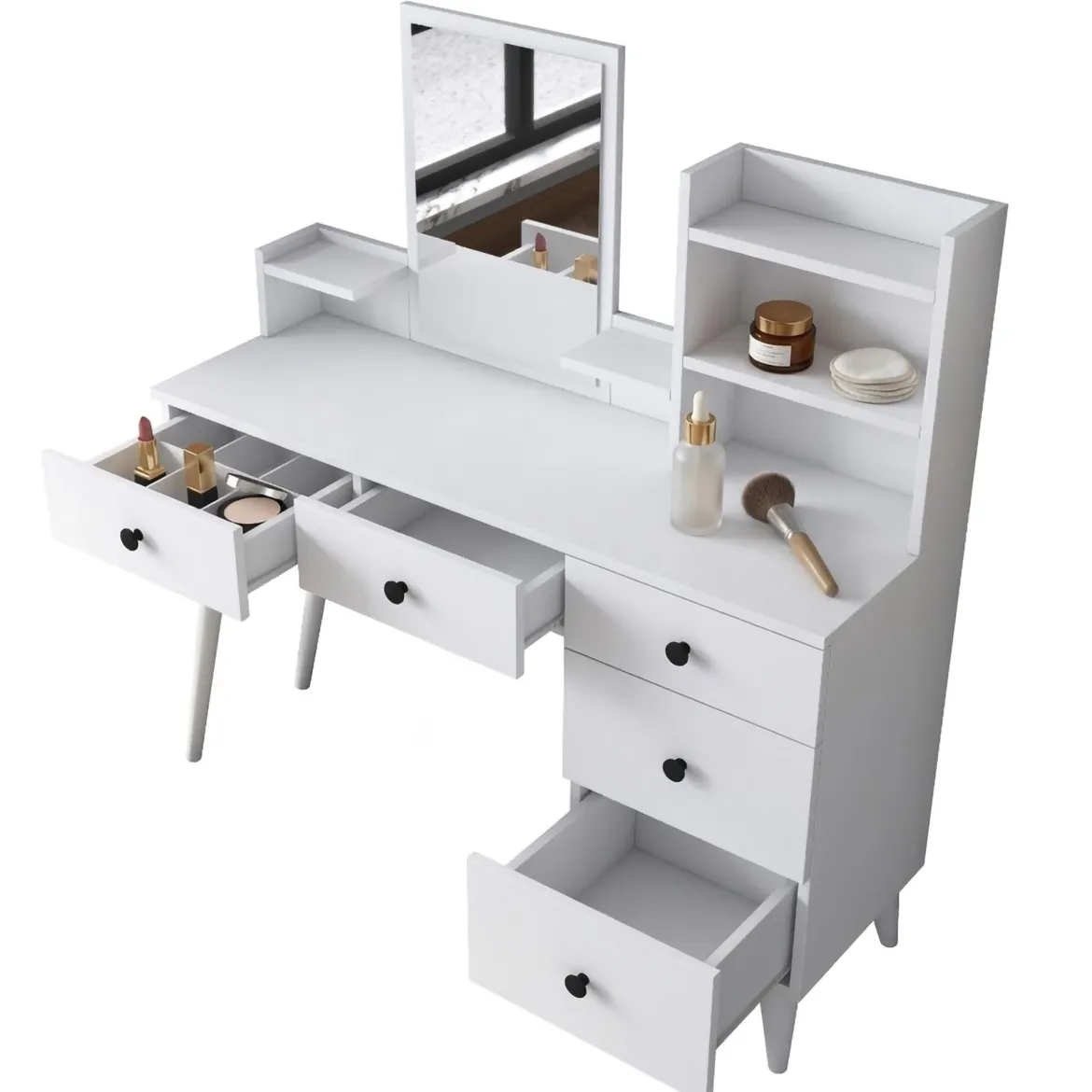 Toeletta Bianco Nero Specchio Incluso 5 Cassetti 125x40x94h cm, Colore Struttura Nero - Certaldo
