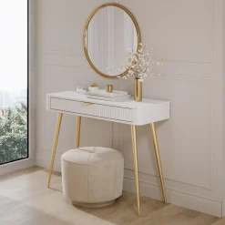 Toeletta Bianco oro un Cassetto Materiale Struttura in Metallo 100x38x78h cm, Materiale Piano in Legno Nobilitato - Katerara