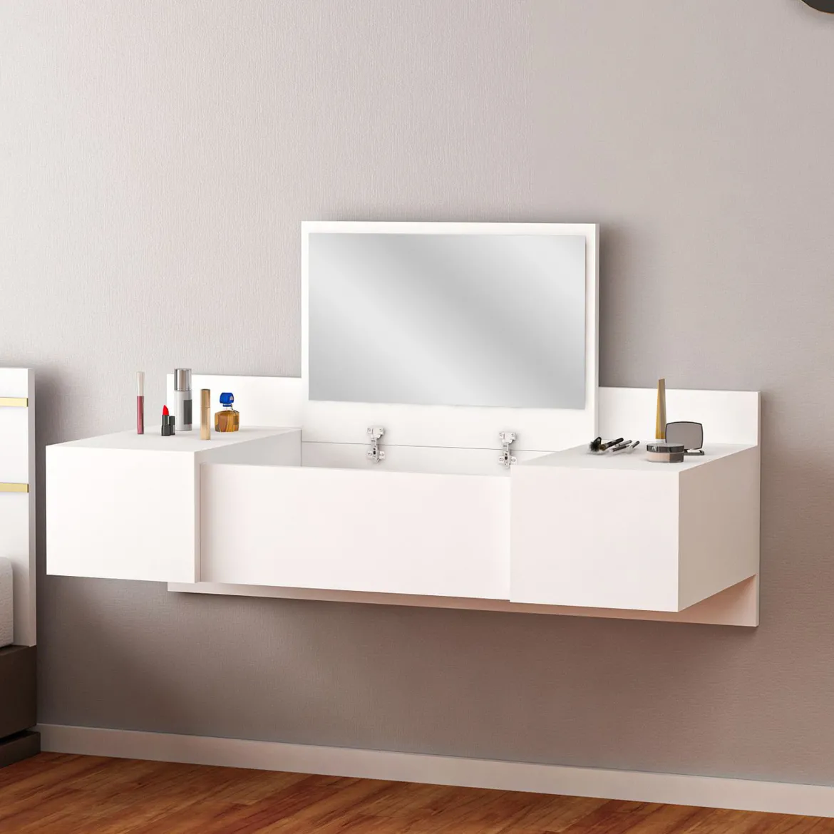 Toeletta Bianco Specchio Incluso un Cassetto 90x45x77h cm, Luci Incluse - Veggiano