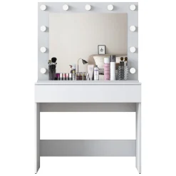 Toeletta Bianco Specchio Incluso un Cassetto 90x45x77h cm, Luci Incluse - Veggiano