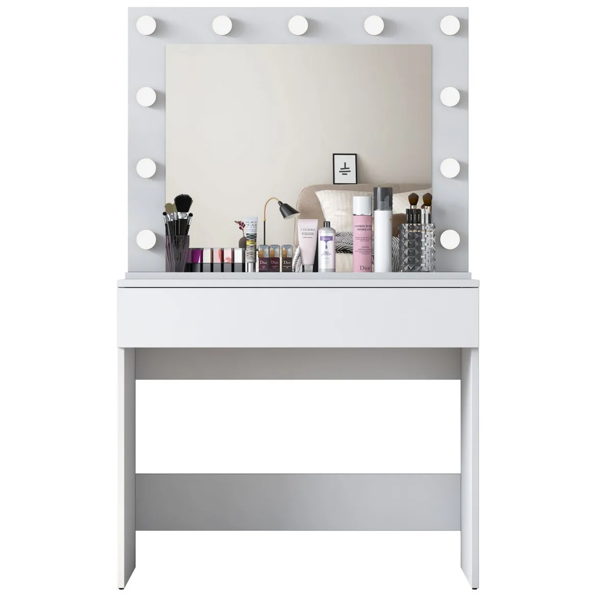 Toeletta Bianco Specchio Incluso un Cassetto 90x45x77h cm, Luci Incluse - Veggiano