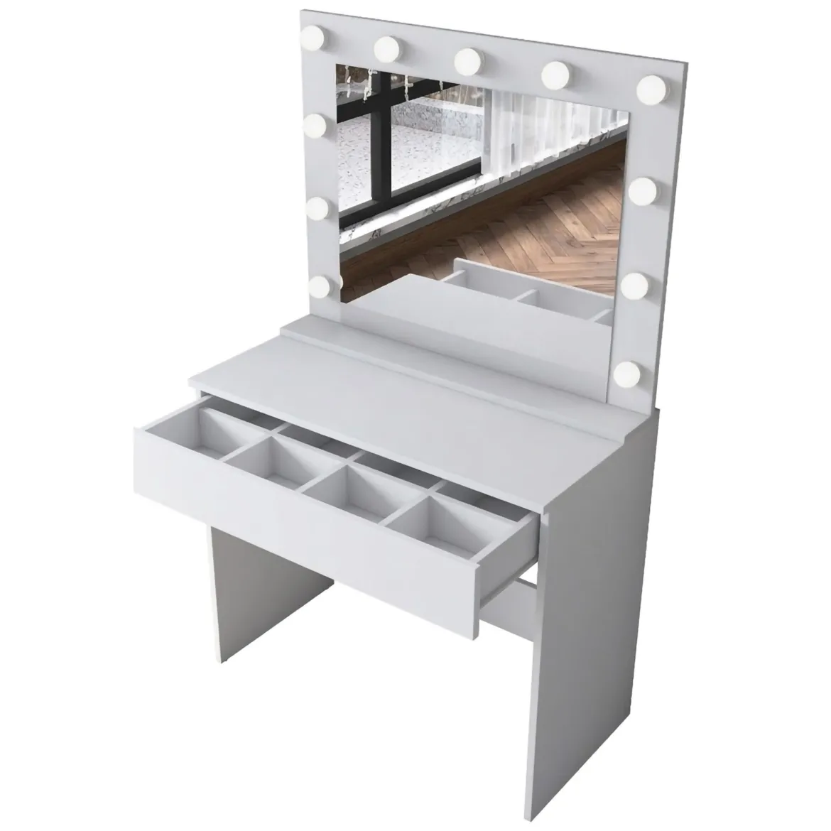 Toeletta Bianco Specchio Incluso un Cassetto 90x45x77h cm, Luci Incluse - Veggiano